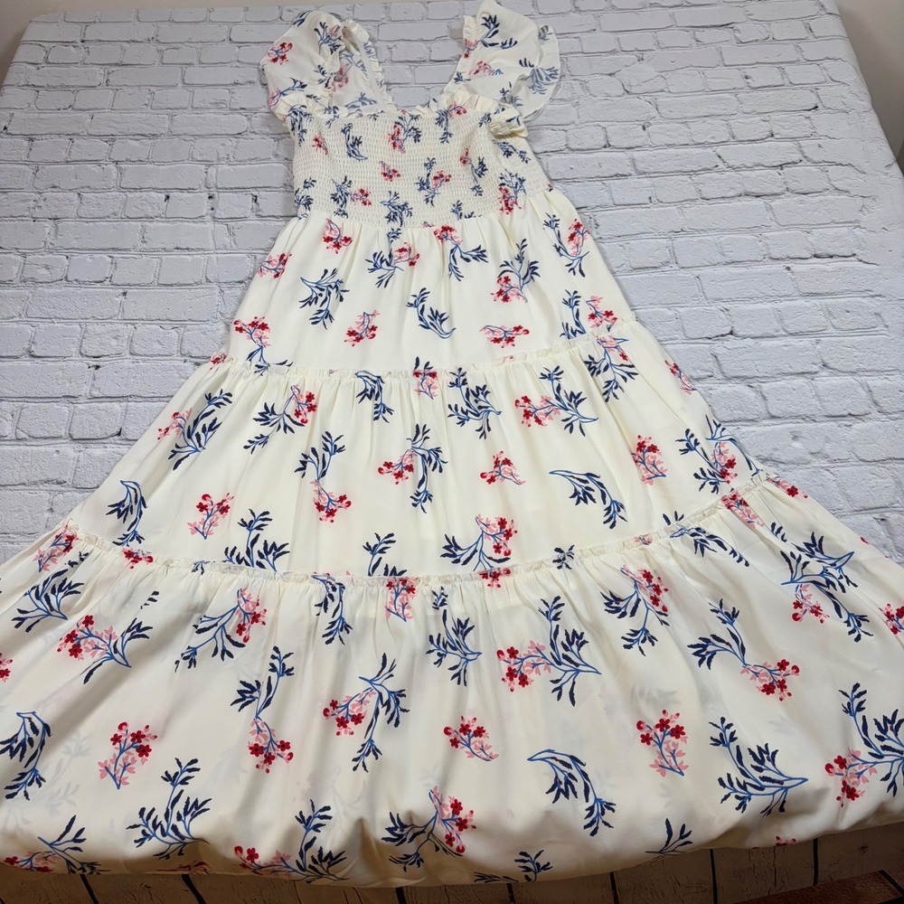 Kay + Jay Women Floral Smocked Maxi Dress White Red Blue Ruffle Sleeve Small